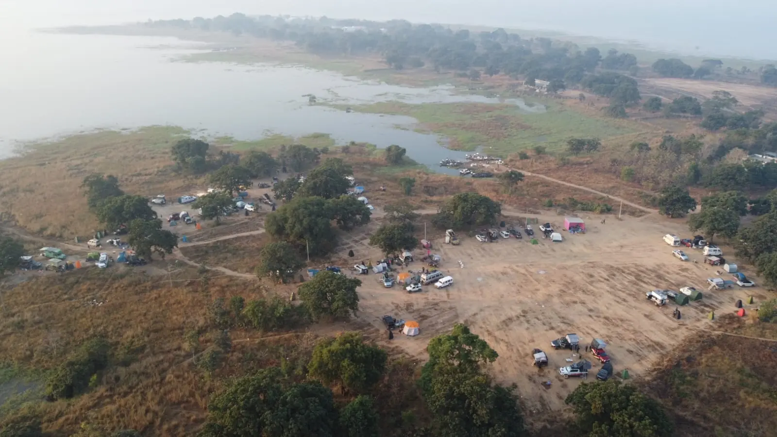 Aerial view of the Sangam 2025 campsite beside the Hirakud backwaters