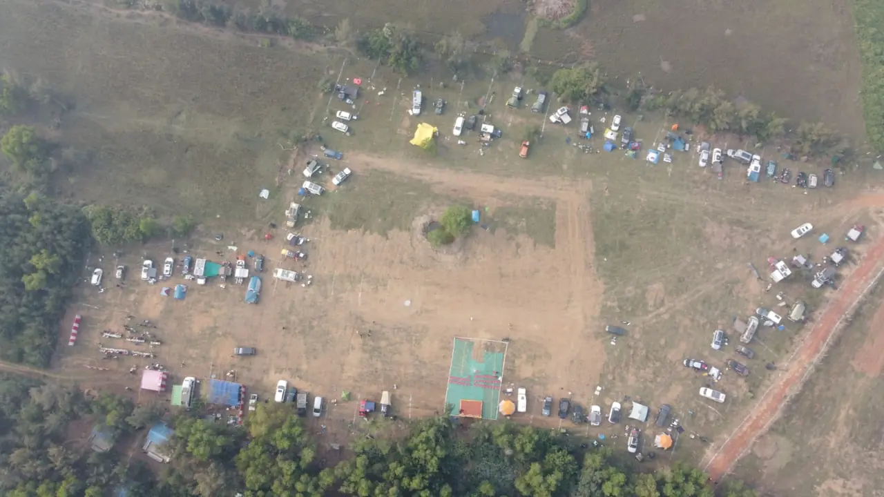 Aerial view of the Sangam 2025 campsite for the New Year close at Puri Beach